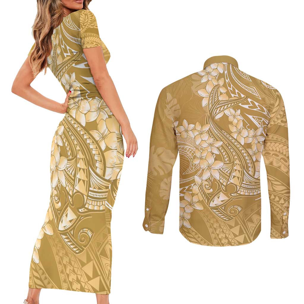 Yellow Polynesia Hammerhead Shark Tattoo With Plumeria Lei Couples Matching Short Sleeve Bodycon Dress and Long Sleeve Button Shirt LT14 - Polynesian Pride