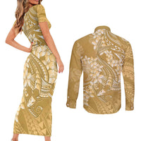 Yellow Polynesia Hammerhead Shark Tattoo With Plumeria Lei Couples Matching Short Sleeve Bodycon Dress and Long Sleeve Button Shirt LT14 - Polynesian Pride