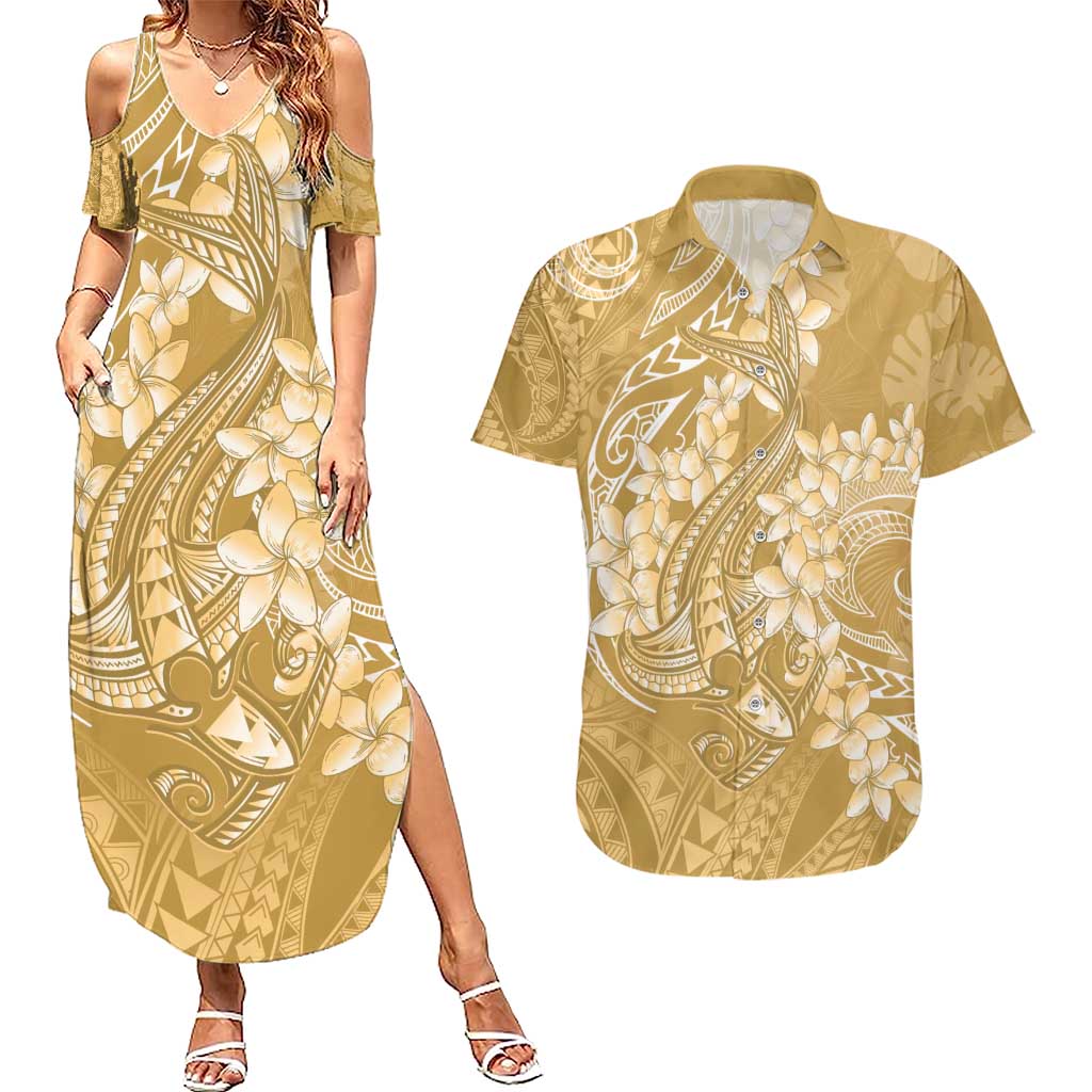 Yellow Polynesia Hammerhead Shark Tattoo With Plumeria Lei Couples Matching Summer Maxi Dress and Hawaiian Shirt