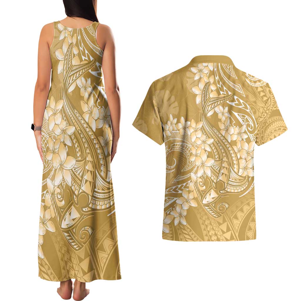 Yellow Polynesia Hammerhead Shark Tattoo With Plumeria Lei Couples Matching Tank Maxi Dress and Hawaiian Shirt