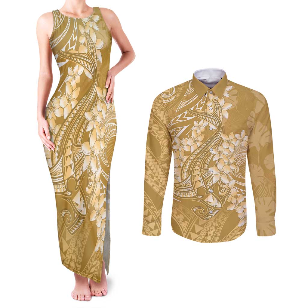 Yellow Polynesia Hammerhead Shark Tattoo With Plumeria Lei Couples Matching Tank Maxi Dress and Long Sleeve Button Shirt