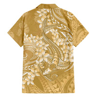 Yellow Polynesia Hammerhead Shark Tattoo With Plumeria Lei Family Matching Long Sleeve Bodycon Dress and Hawaiian Shirt