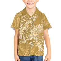 Yellow Polynesia Hammerhead Shark Tattoo With Plumeria Lei Family Matching Long Sleeve Bodycon Dress and Hawaiian Shirt