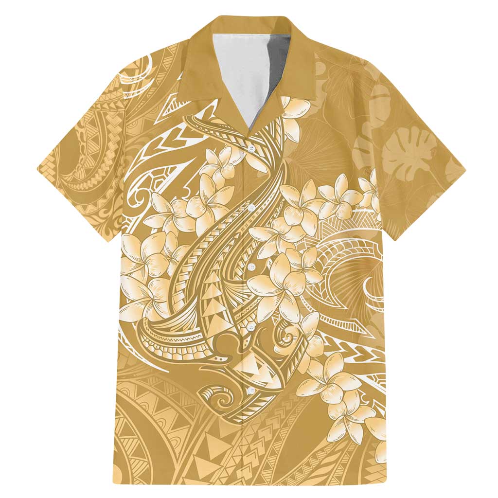 Yellow Polynesia Hammerhead Shark Tattoo With Plumeria Lei Family Matching Mermaid Dress and Hawaiian Shirt