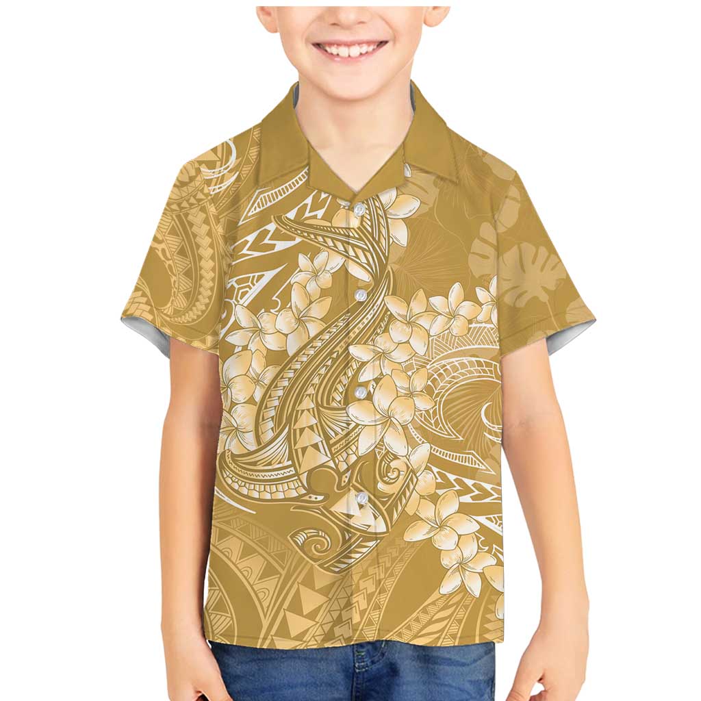 Yellow Polynesia Hammerhead Shark Tattoo With Plumeria Lei Family Matching Mermaid Dress and Hawaiian Shirt