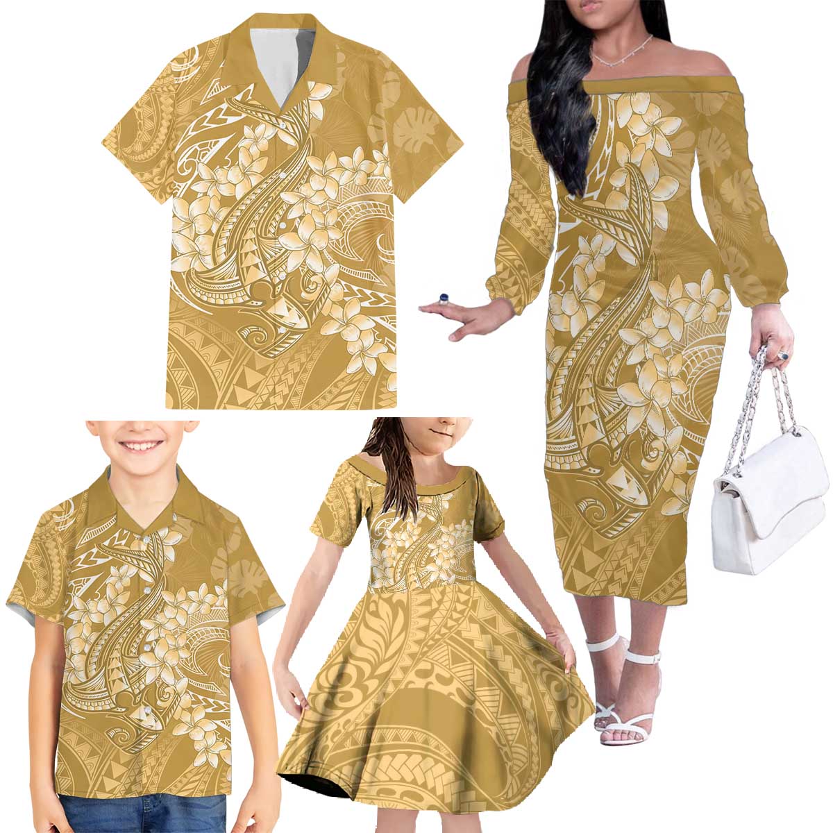 Yellow Polynesia Hammerhead Shark Tattoo With Plumeria Lei Family Matching Off The Shoulder Long Sleeve Dress and Hawaiian Shirt