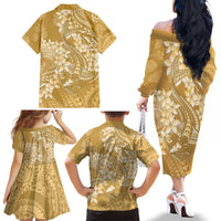 Yellow Polynesia Hammerhead Shark Tattoo With Plumeria Lei Family Matching Off The Shoulder Long Sleeve Dress and Hawaiian Shirt