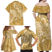 Yellow Polynesia Hammerhead Shark Tattoo With Plumeria Lei Family Matching Off Shoulder Maxi Dress and Hawaiian Shirt