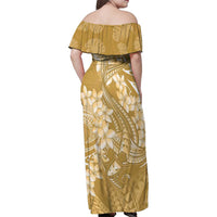 Yellow Polynesia Hammerhead Shark Tattoo With Plumeria Lei Family Matching Off Shoulder Maxi Dress and Hawaiian Shirt
