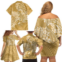 Yellow Polynesia Hammerhead Shark Tattoo With Plumeria Lei Family Matching Off Shoulder Short Dress and Hawaiian Shirt