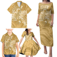 Yellow Polynesia Hammerhead Shark Tattoo With Plumeria Lei Family Matching Puletasi and Hawaiian Shirt