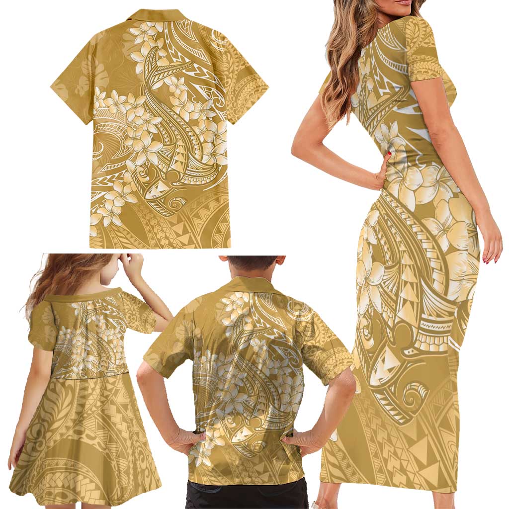 Yellow Polynesia Hammerhead Shark Tattoo With Plumeria Lei Family Matching Short Sleeve Bodycon Dress and Hawaiian Shirt