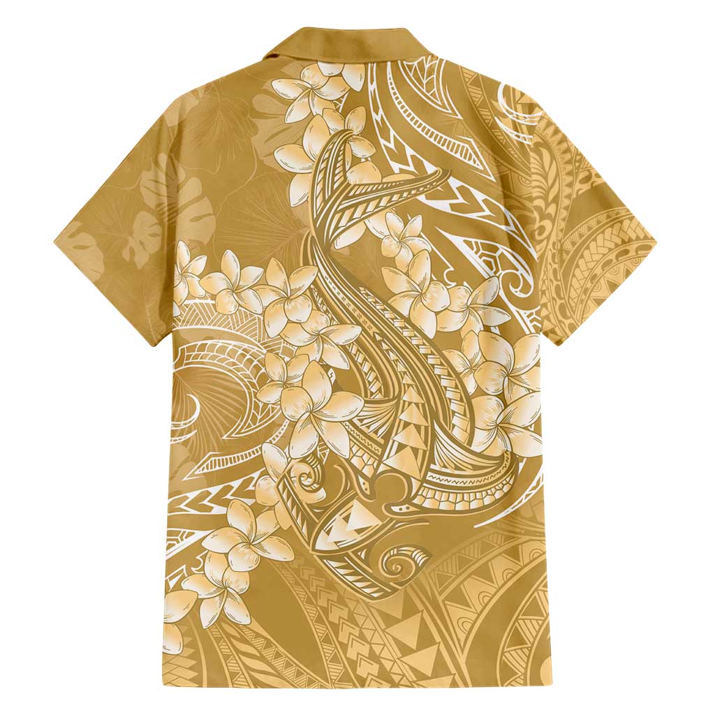 Yellow Polynesia Hammerhead Shark Tattoo With Plumeria Lei Family Matching Short Sleeve Bodycon Dress and Hawaiian Shirt
