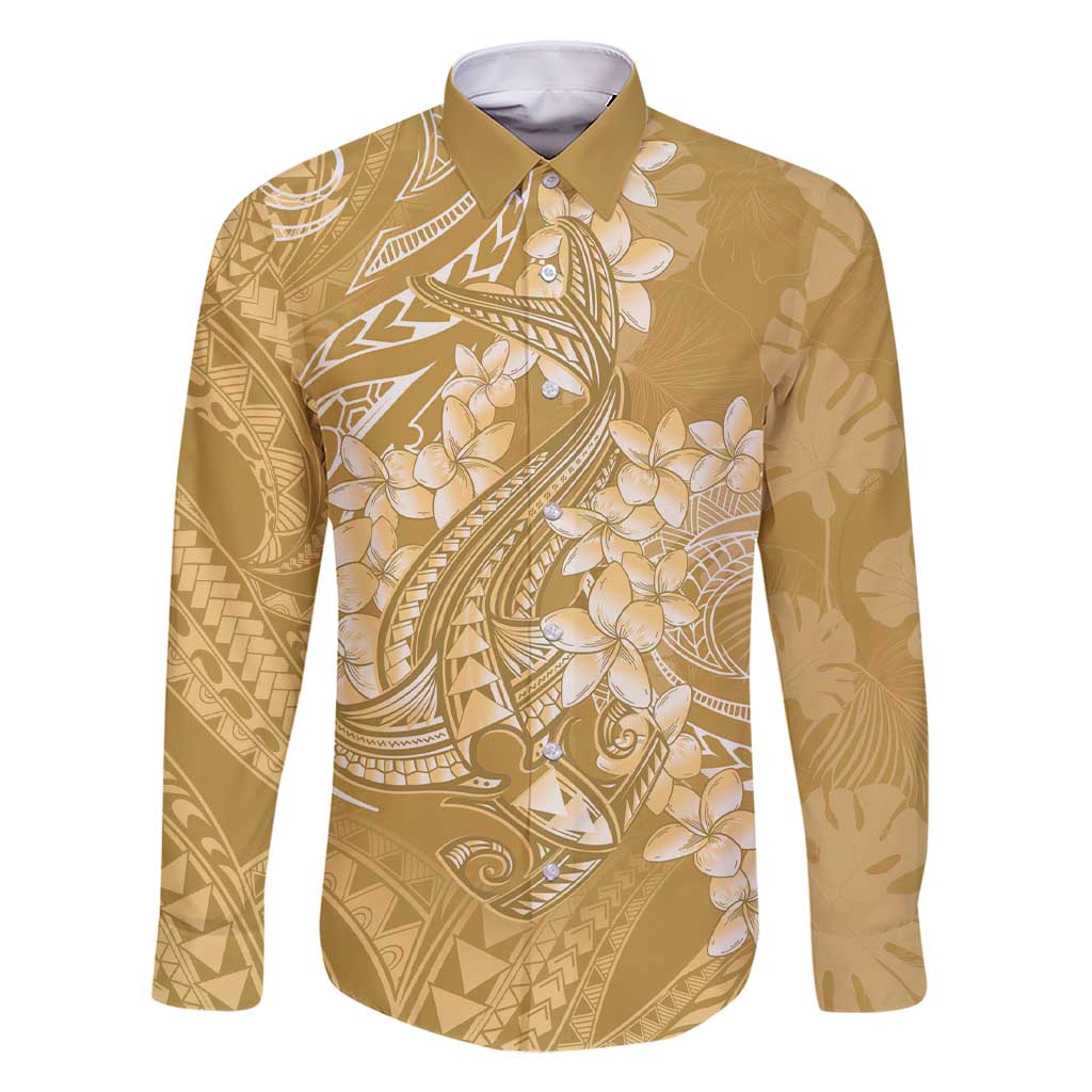 Yellow Polynesia Hammerhead Shark Tattoo With Plumeria Lei Family Matching Short Sleeve Bodycon Dress and Hawaiian Shirt