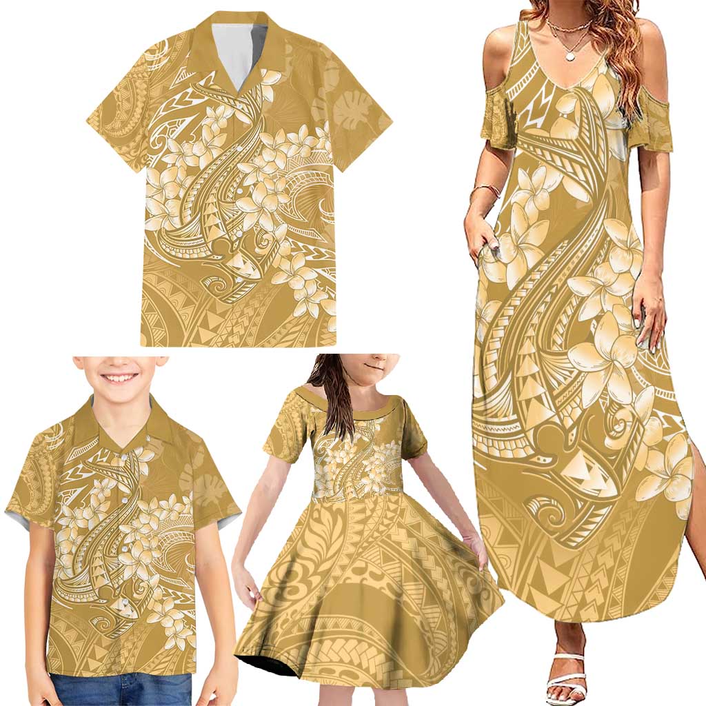 Yellow Polynesia Hammerhead Shark Tattoo With Plumeria Lei Family Matching Summer Maxi Dress and Hawaiian Shirt