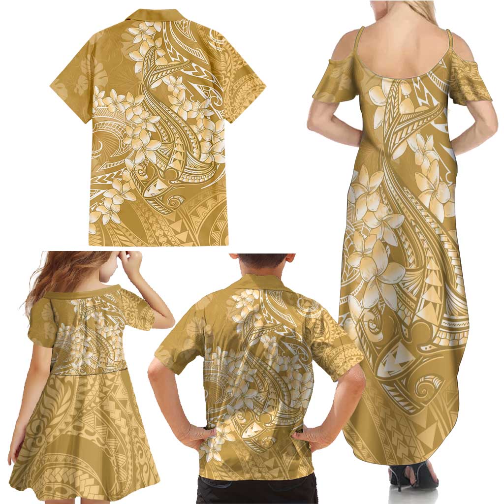 Yellow Polynesia Hammerhead Shark Tattoo With Plumeria Lei Family Matching Summer Maxi Dress and Hawaiian Shirt