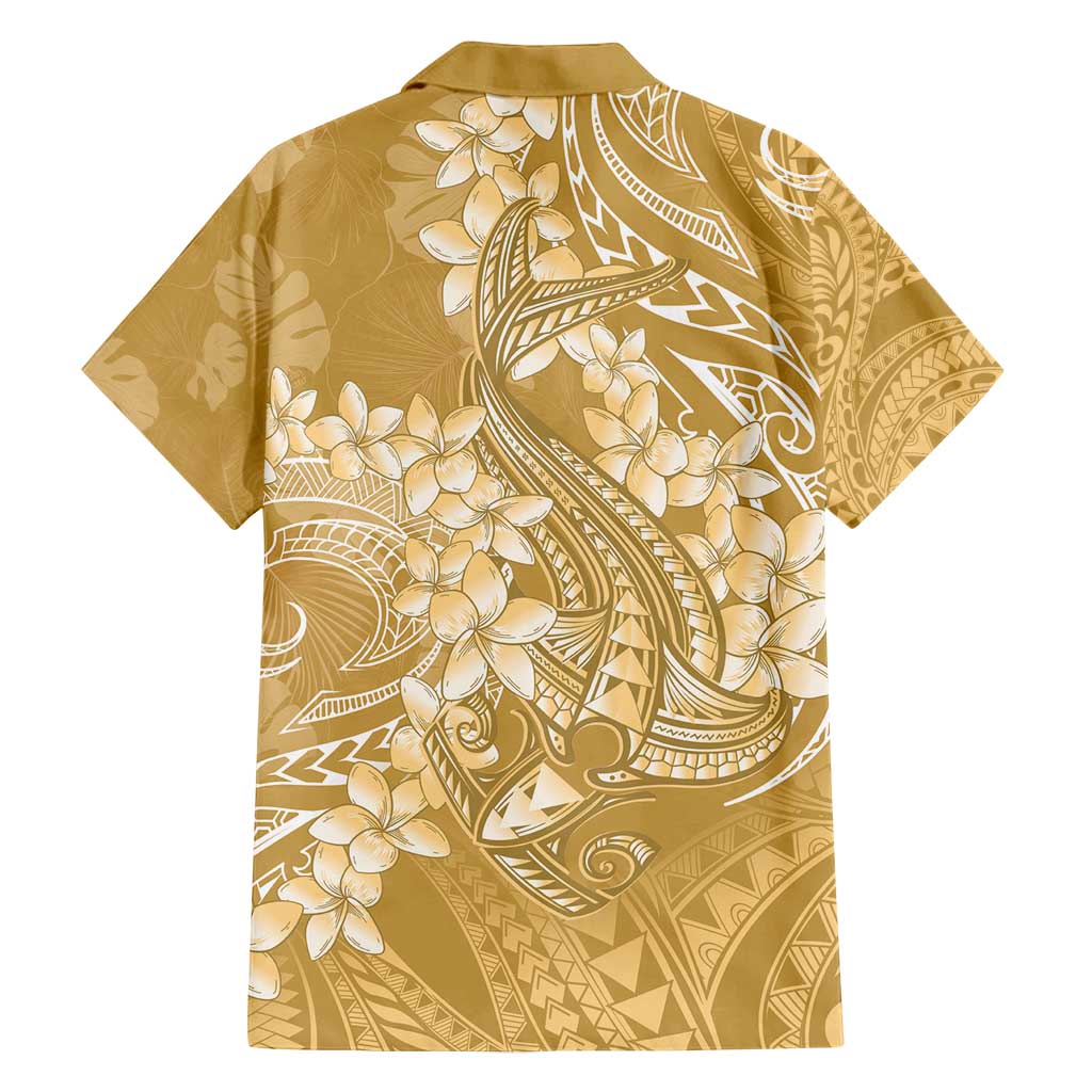 Yellow Polynesia Hammerhead Shark Tattoo With Plumeria Lei Family Matching Summer Maxi Dress and Hawaiian Shirt