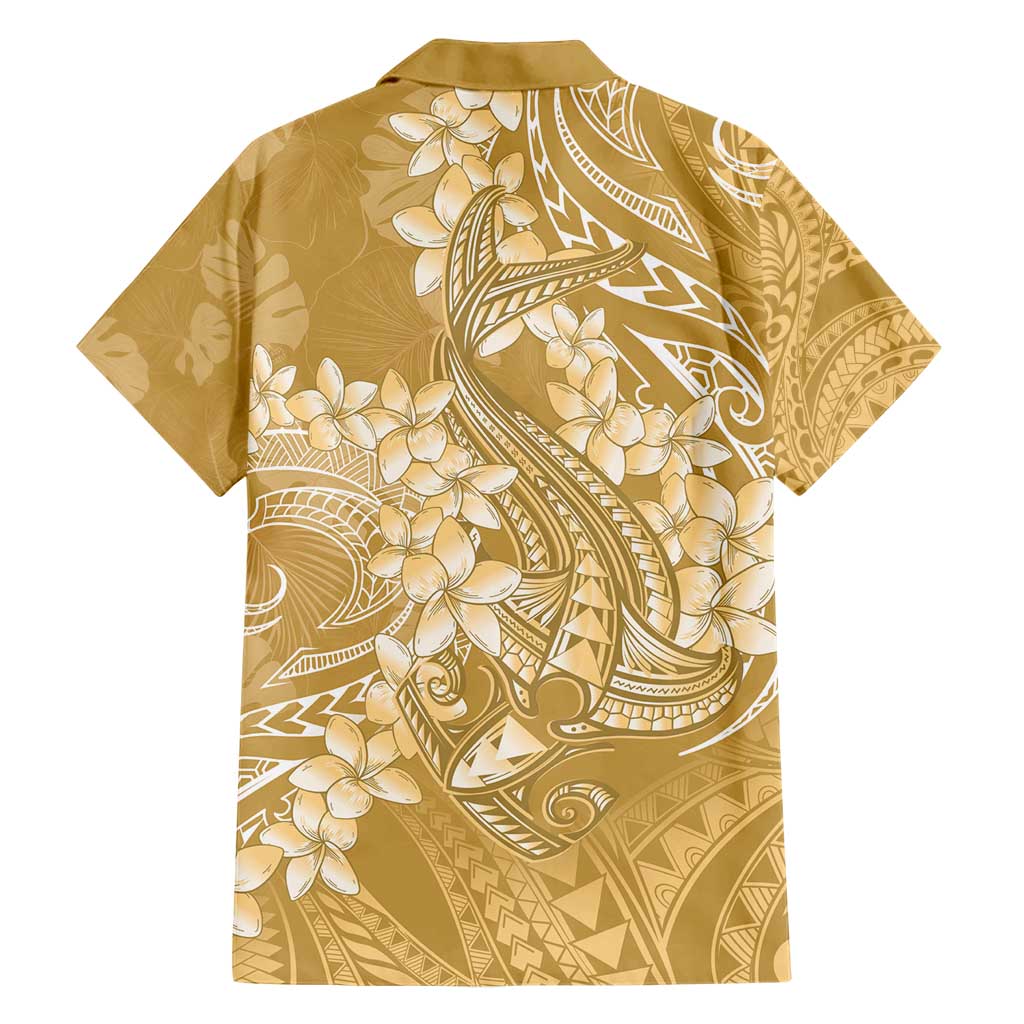 Yellow Polynesia Hammerhead Shark Tattoo With Plumeria Lei Hawaiian Shirt