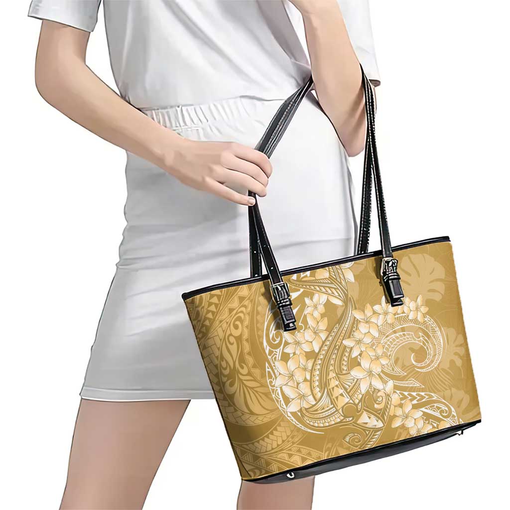 Yellow Polynesia Hammerhead Shark Tattoo With Plumeria Lei Leather Tote Bag