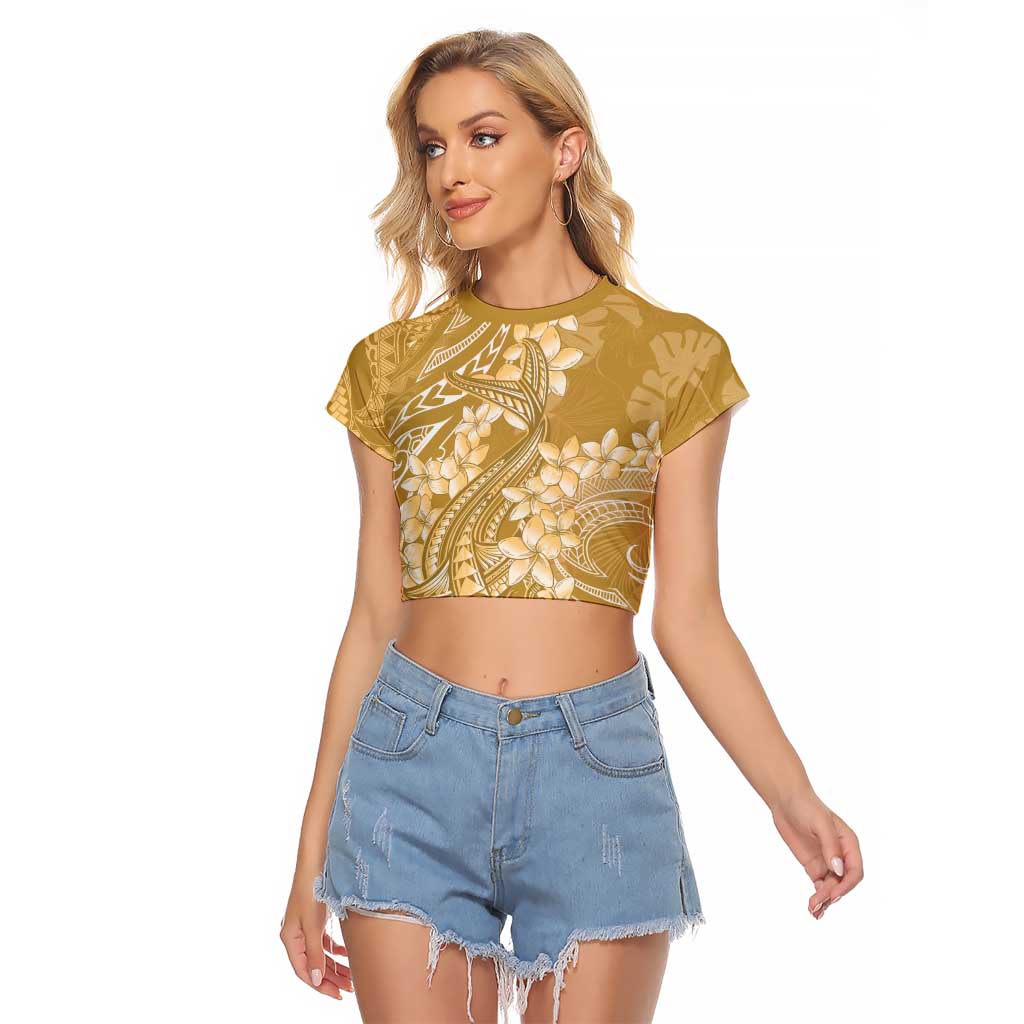 Yellow Polynesia Hammerhead Shark Tattoo With Plumeria Lei Raglan Cropped T Shirt