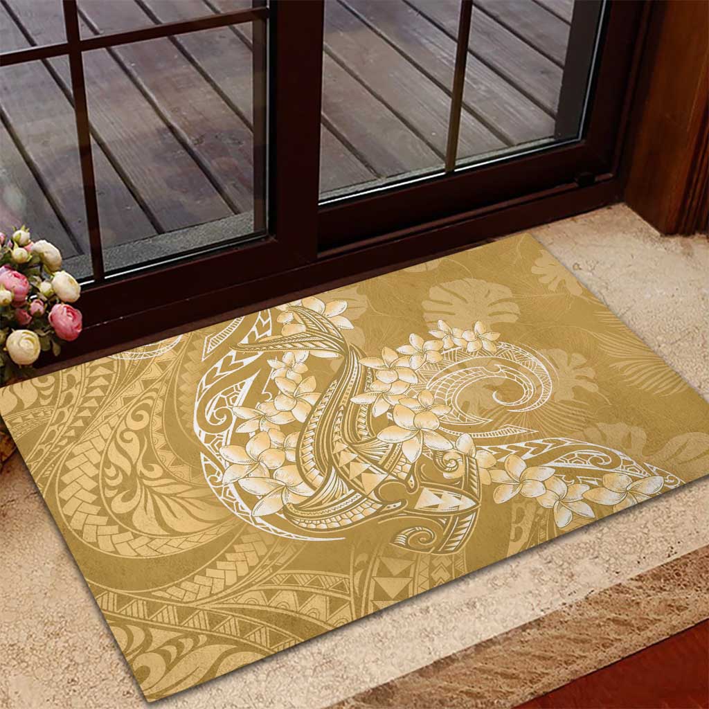 Yellow Polynesia Hammerhead Shark Tattoo With Plumeria Lei Rubber Doormat