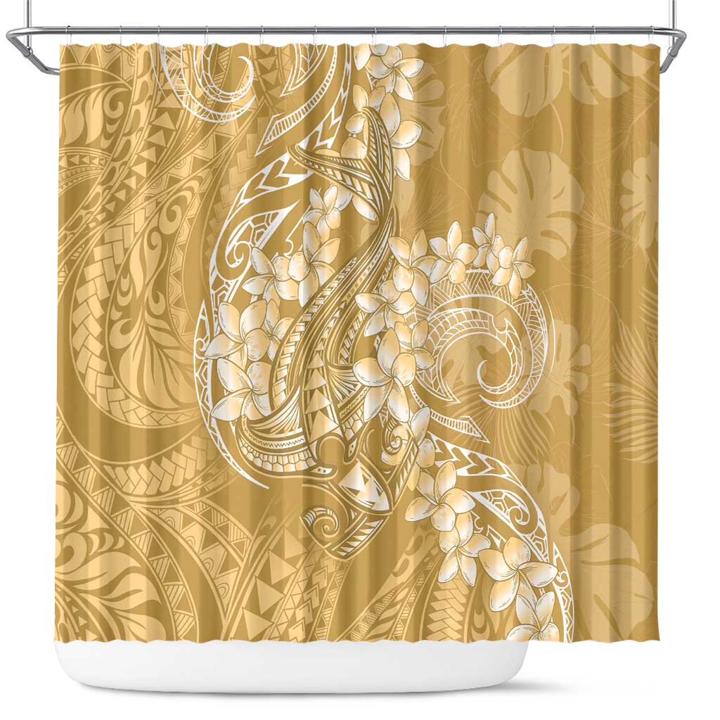 Yellow Polynesia Hammerhead Shark Tattoo With Plumeria Lei Shower Curtain