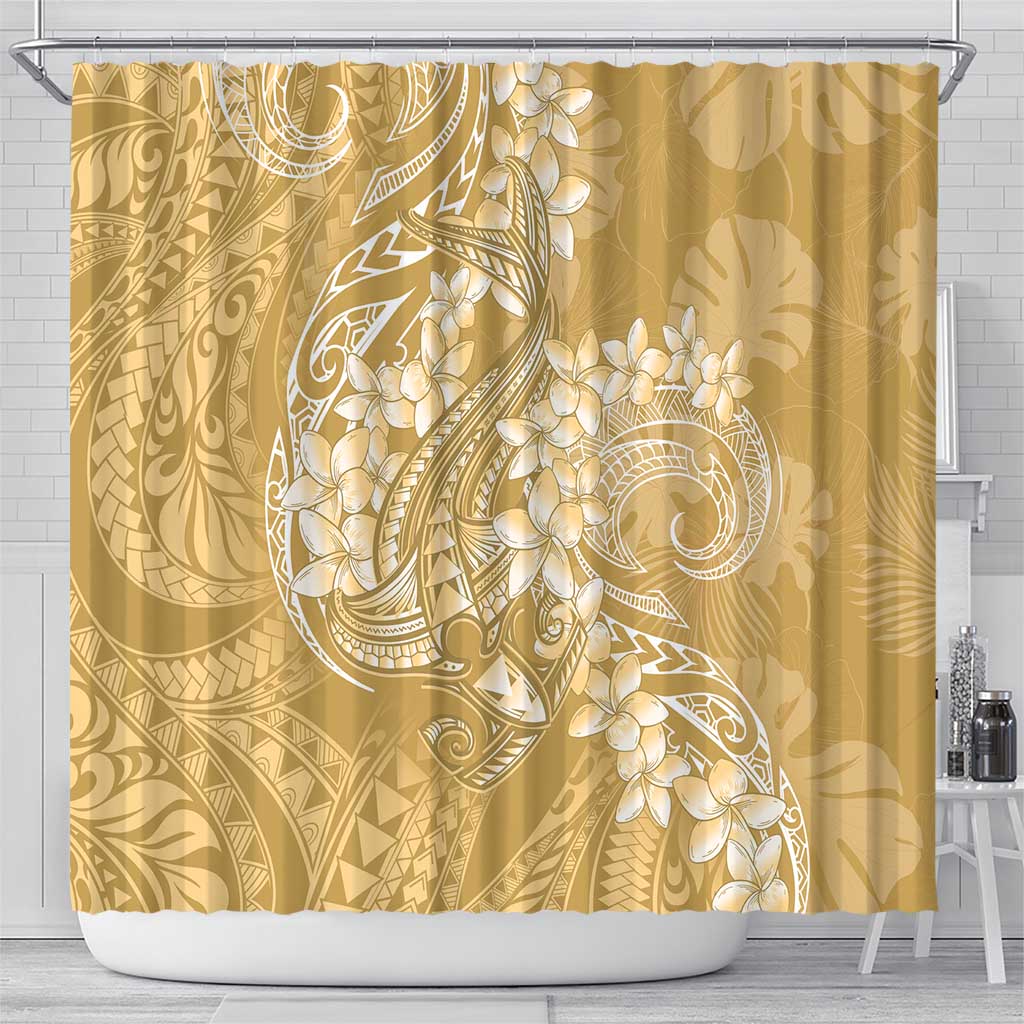 Yellow Polynesia Hammerhead Shark Tattoo With Plumeria Lei Shower Curtain