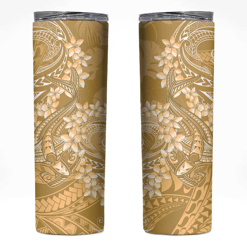 Yellow Polynesia Hammerhead Shark Tattoo With Plumeria Lei Skinny Tumbler