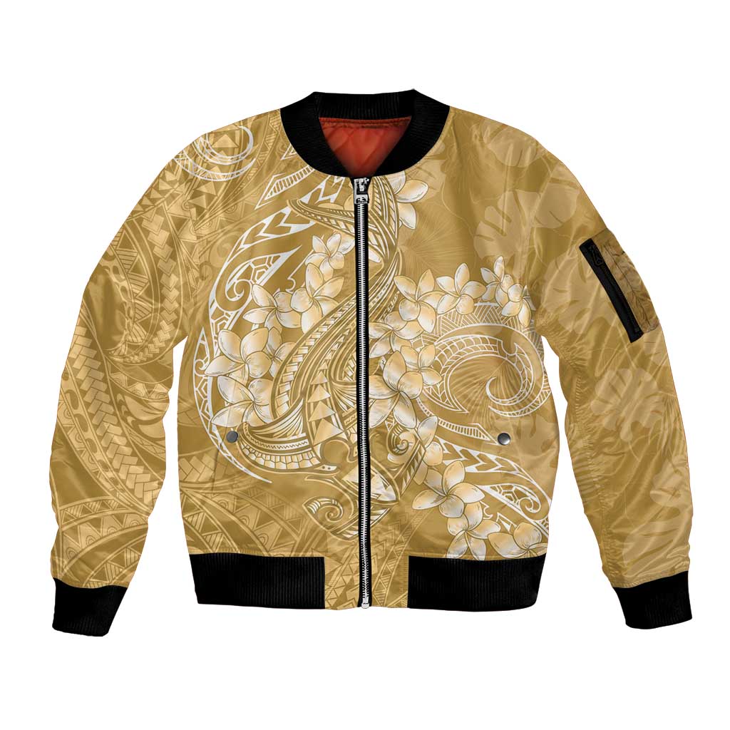 Yellow Polynesia Hammerhead Shark Tattoo With Plumeria Lei Sleeve Zip Bomber Jacket