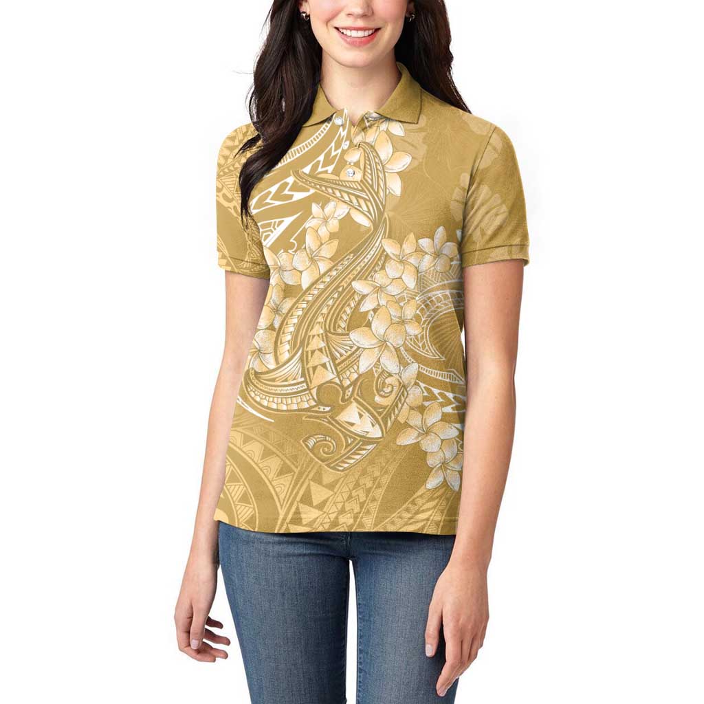 Yellow Polynesia Hammerhead Shark Tattoo With Plumeria Lei Women Polo Shirt