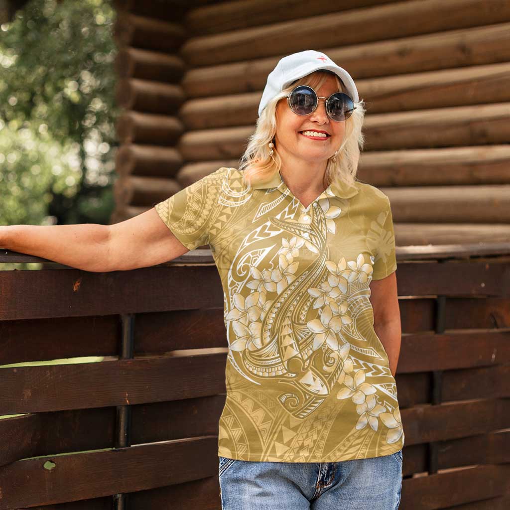 Yellow Polynesia Hammerhead Shark Tattoo With Plumeria Lei Women Polo Shirt