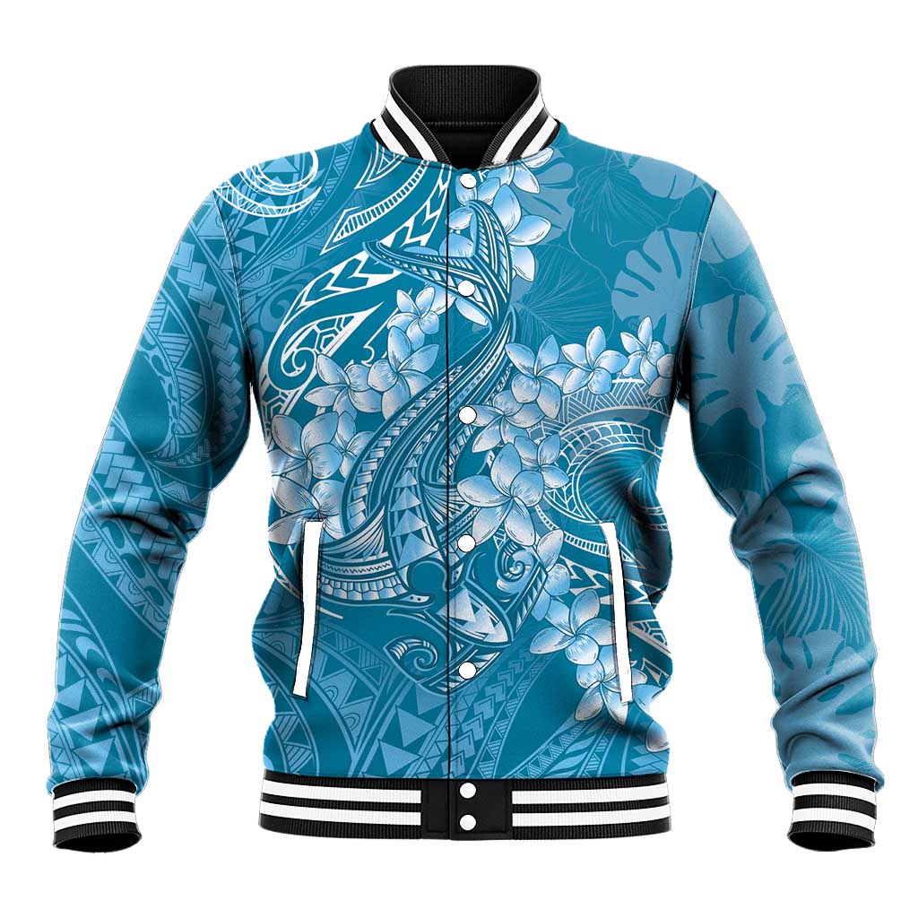 Blue Polynesia Hammerhead Shark Tattoo With Plumeria Lei Baseball Jacket
