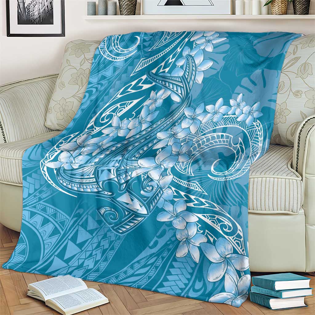 Blue Polynesia Hammerhead Shark Tattoo With Plumeria Lei Blanket