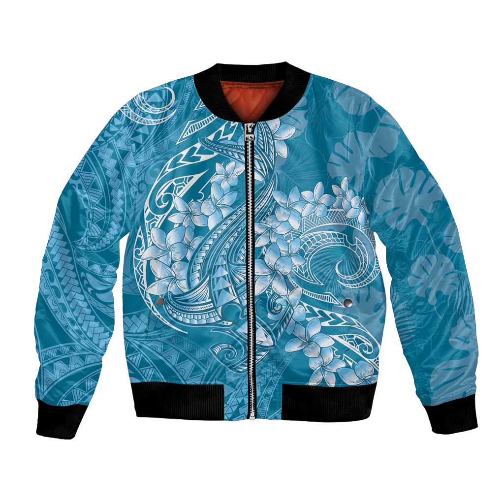 Blue Polynesia Hammerhead Shark Tattoo With Plumeria Lei Bomber Jacket
