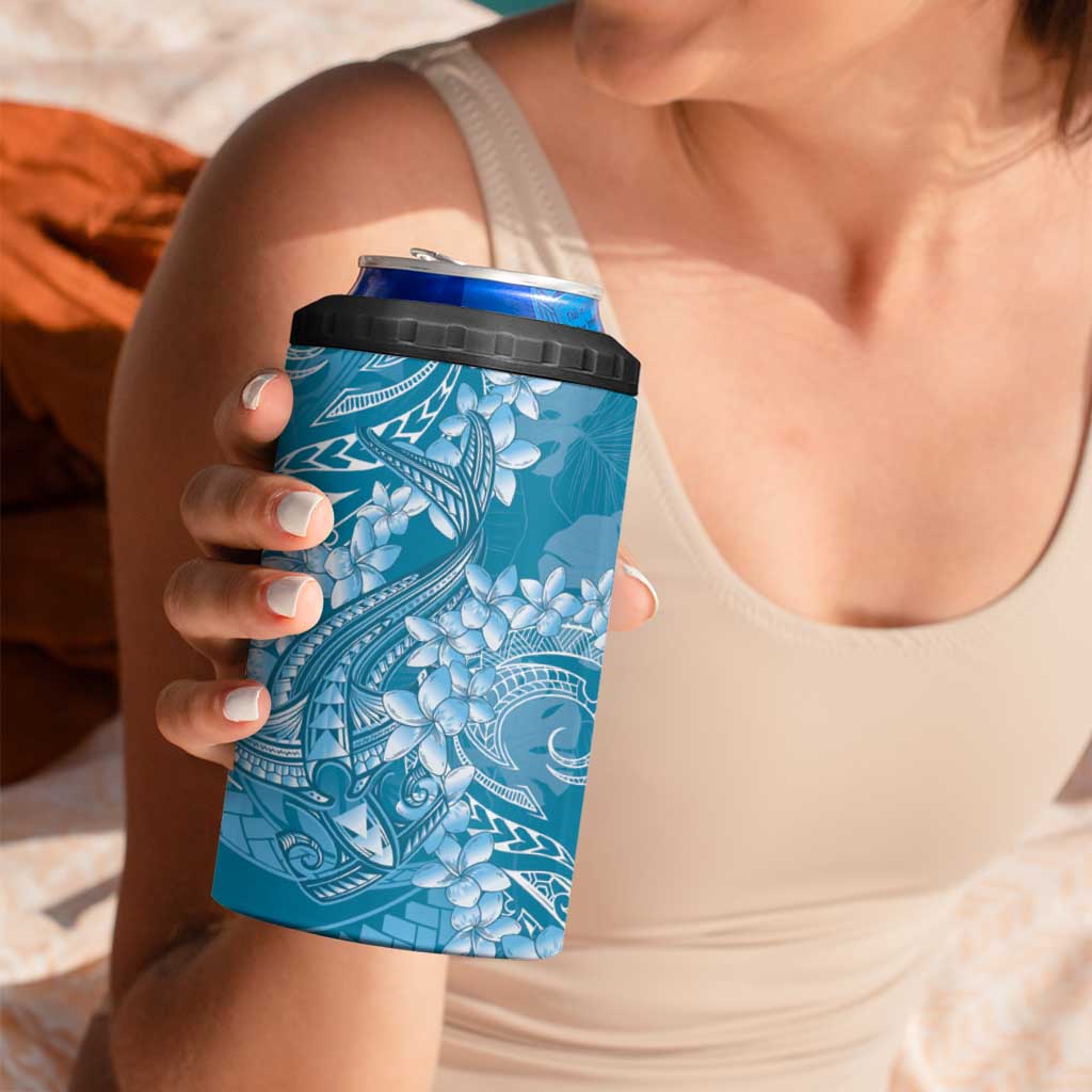 Blue Polynesia Hammerhead Shark Tattoo With Plumeria Lei 4 in 1 Can Cooler Tumbler