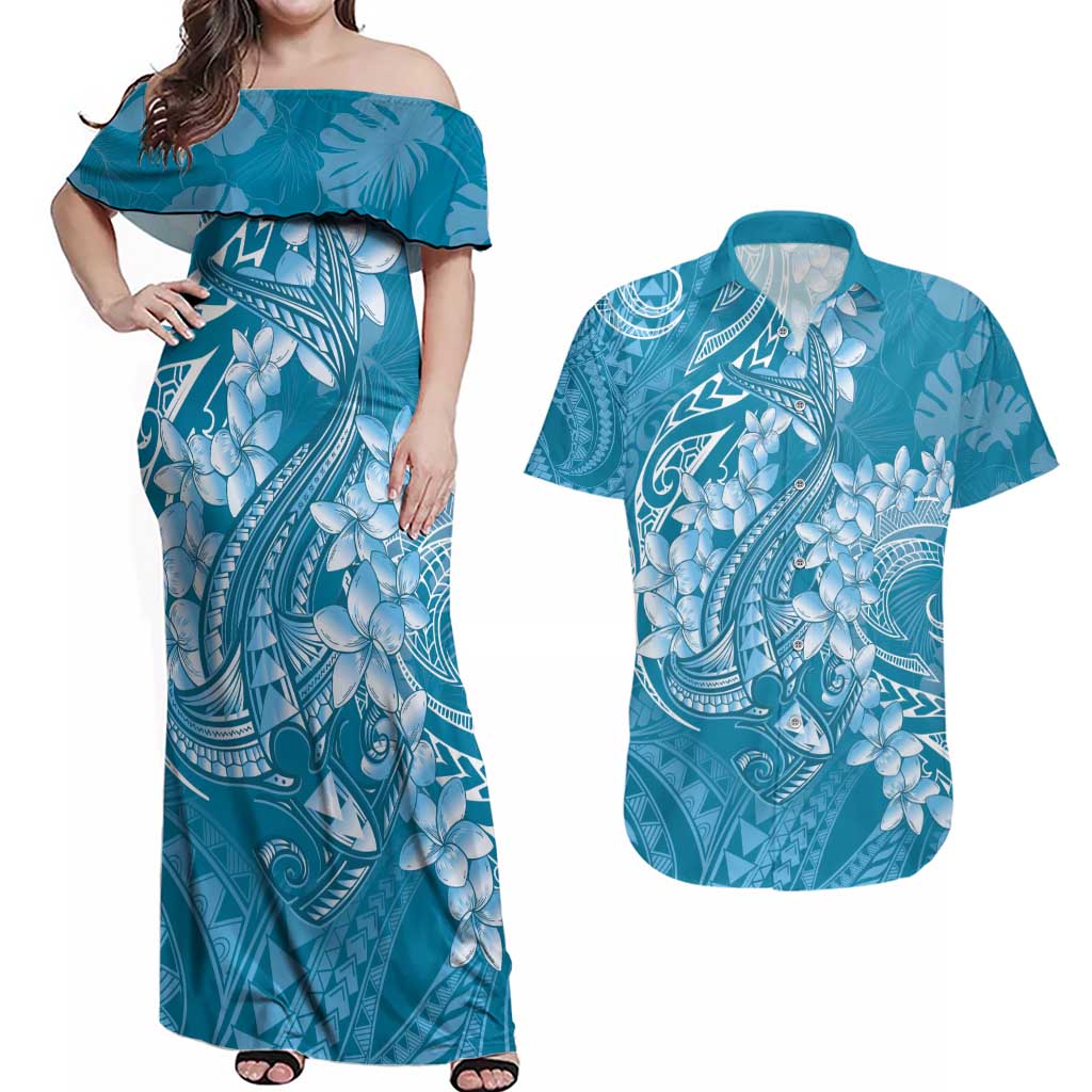 Blue Polynesia Hammerhead Shark Tattoo With Plumeria Lei Couples Matching Off Shoulder Maxi Dress and Hawaiian Shirt