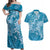 Blue Polynesia Hammerhead Shark Tattoo With Plumeria Lei Couples Matching Off Shoulder Maxi Dress and Hawaiian Shirt