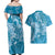 Blue Polynesia Hammerhead Shark Tattoo With Plumeria Lei Couples Matching Off Shoulder Maxi Dress and Hawaiian Shirt