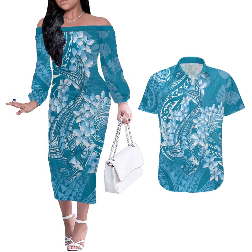 Blue Polynesia Hammerhead Shark Tattoo With Plumeria Lei Couples Matching Off The Shoulder Long Sleeve Dress and Hawaiian Shirt