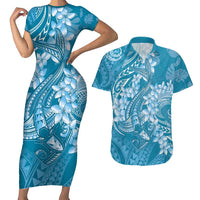Blue Polynesia Hammerhead Shark Tattoo With Plumeria Lei Couples Matching Short Sleeve Bodycon Dress and Hawaiian Shirt