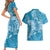 Blue Polynesia Hammerhead Shark Tattoo With Plumeria Lei Couples Matching Short Sleeve Bodycon Dress and Hawaiian Shirt