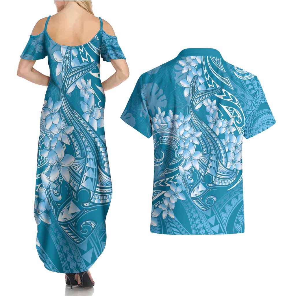 Blue Polynesia Hammerhead Shark Tattoo With Plumeria Lei Couples Matching Summer Maxi Dress and Hawaiian Shirt