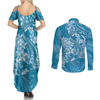 Blue Polynesia Hammerhead Shark Tattoo With Plumeria Lei Couples Matching Summer Maxi Dress and Long Sleeve Button Shirt LT14 - Polynesian Pride