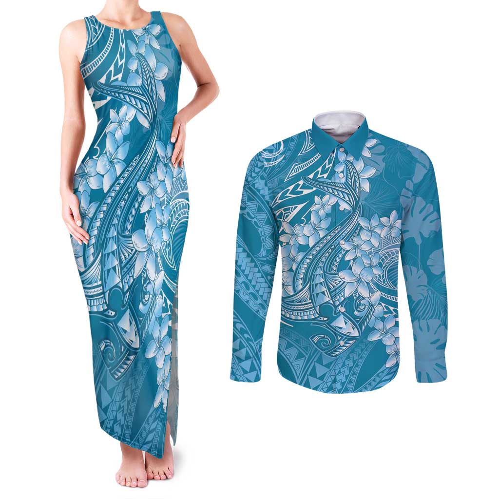 Blue Polynesia Hammerhead Shark Tattoo With Plumeria Lei Couples Matching Tank Maxi Dress and Long Sleeve Button Shirt