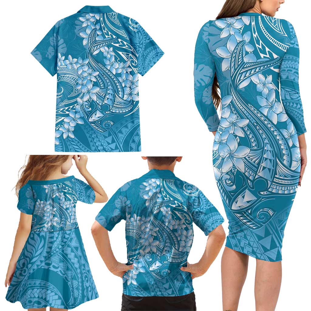 Blue Polynesia Hammerhead Shark Tattoo With Plumeria Lei Family Matching Long Sleeve Bodycon Dress and Hawaiian Shirt
