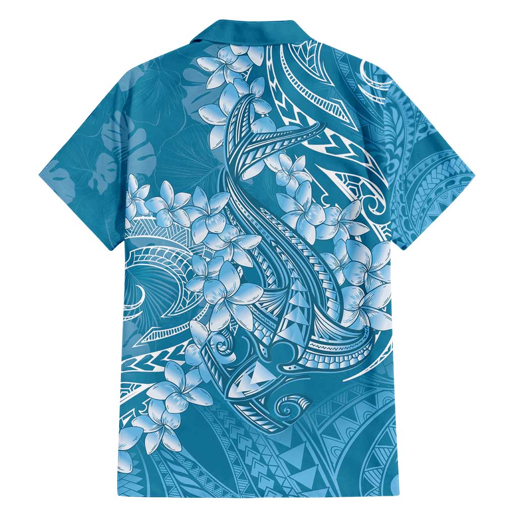 Blue Polynesia Hammerhead Shark Tattoo With Plumeria Lei Family Matching Long Sleeve Bodycon Dress and Hawaiian Shirt