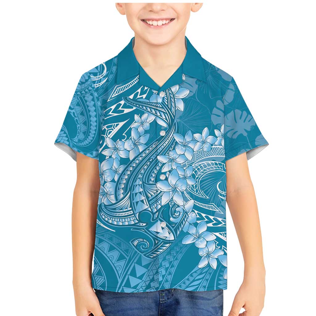 Blue Polynesia Hammerhead Shark Tattoo With Plumeria Lei Family Matching Mermaid Dress and Hawaiian Shirt