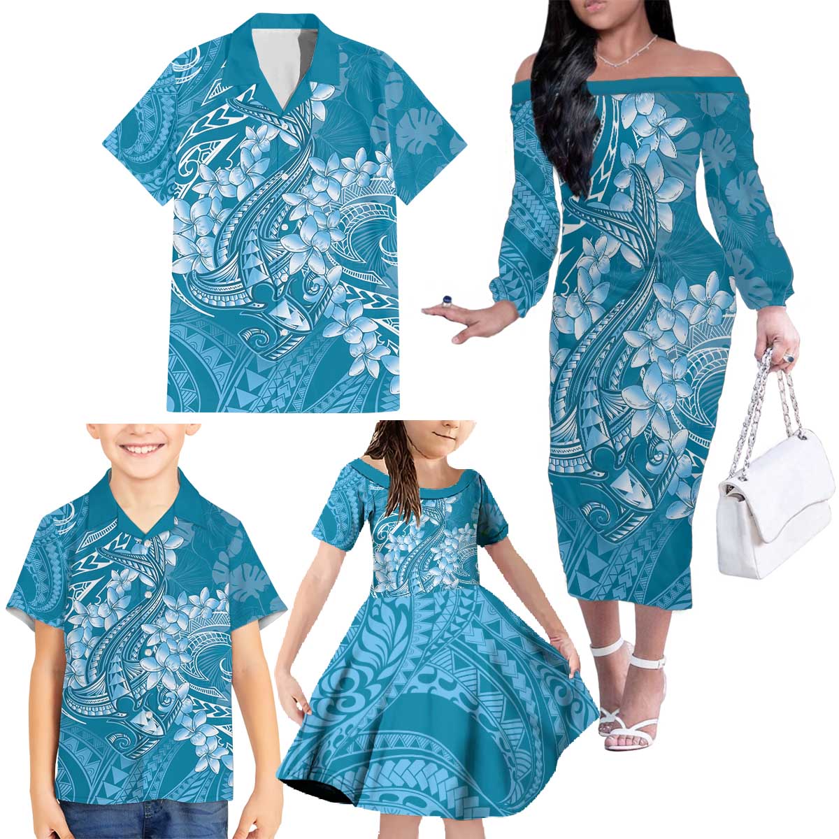 Blue Polynesia Hammerhead Shark Tattoo With Plumeria Lei Family Matching Off The Shoulder Long Sleeve Dress and Hawaiian Shirt