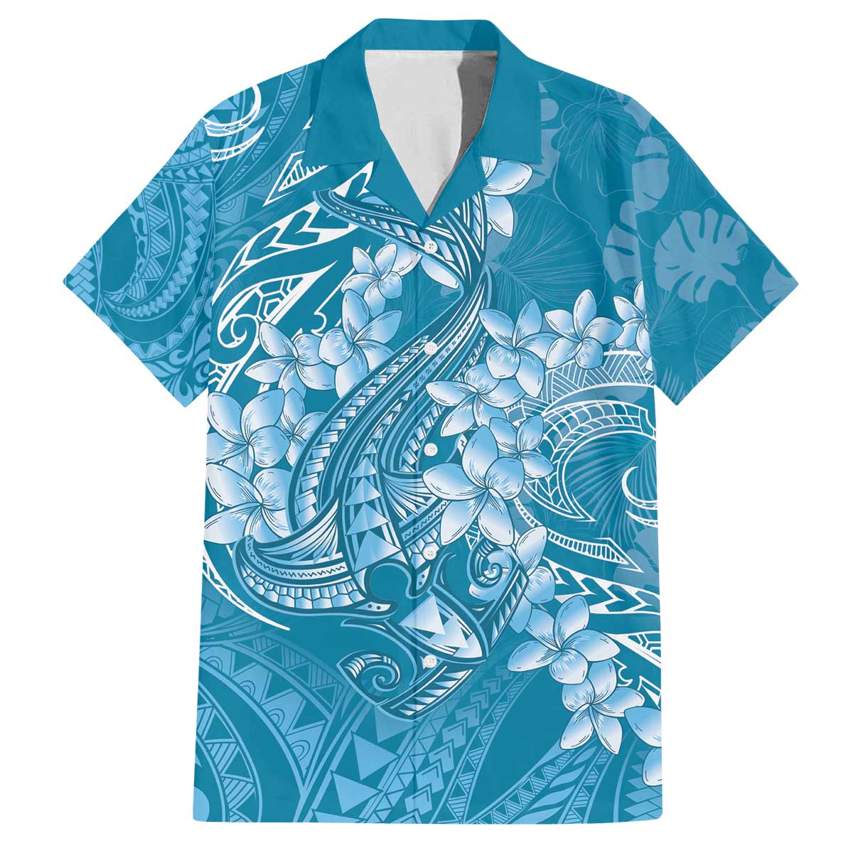 Blue Polynesia Hammerhead Shark Tattoo With Plumeria Lei Family Matching Off The Shoulder Long Sleeve Dress and Hawaiian Shirt