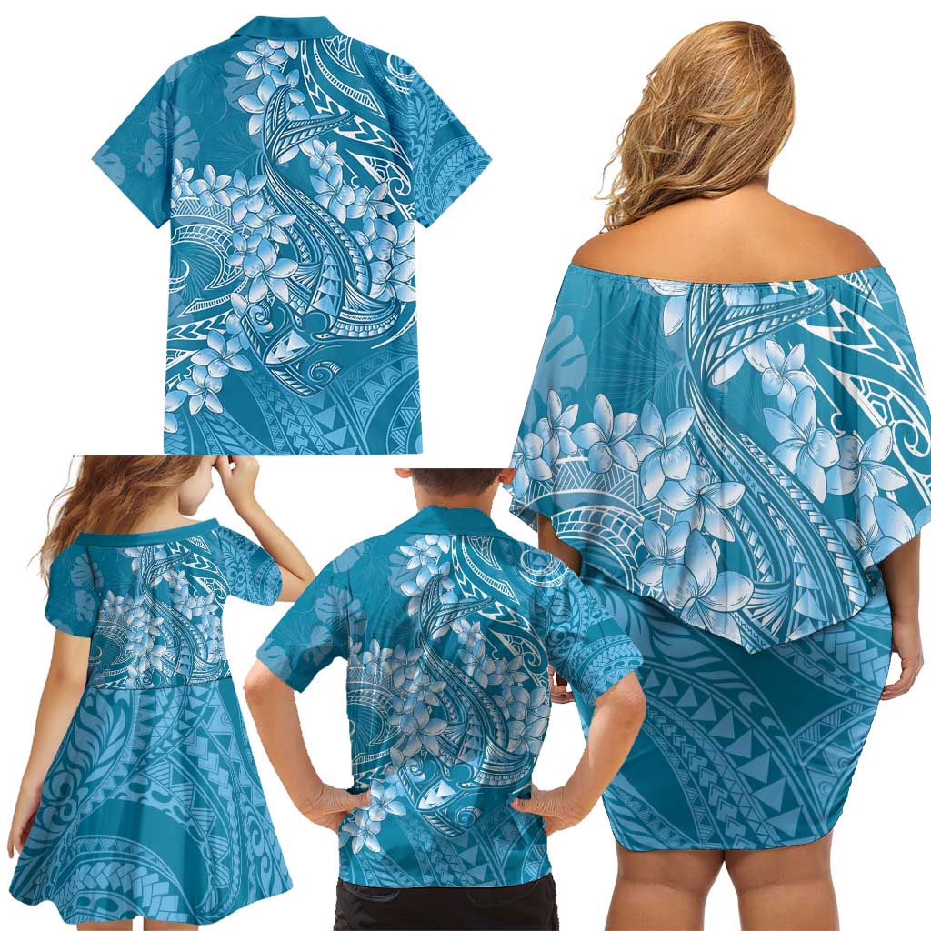 Blue Polynesia Hammerhead Shark Tattoo With Plumeria Lei Family Matching Off Shoulder Short Dress and Hawaiian Shirt